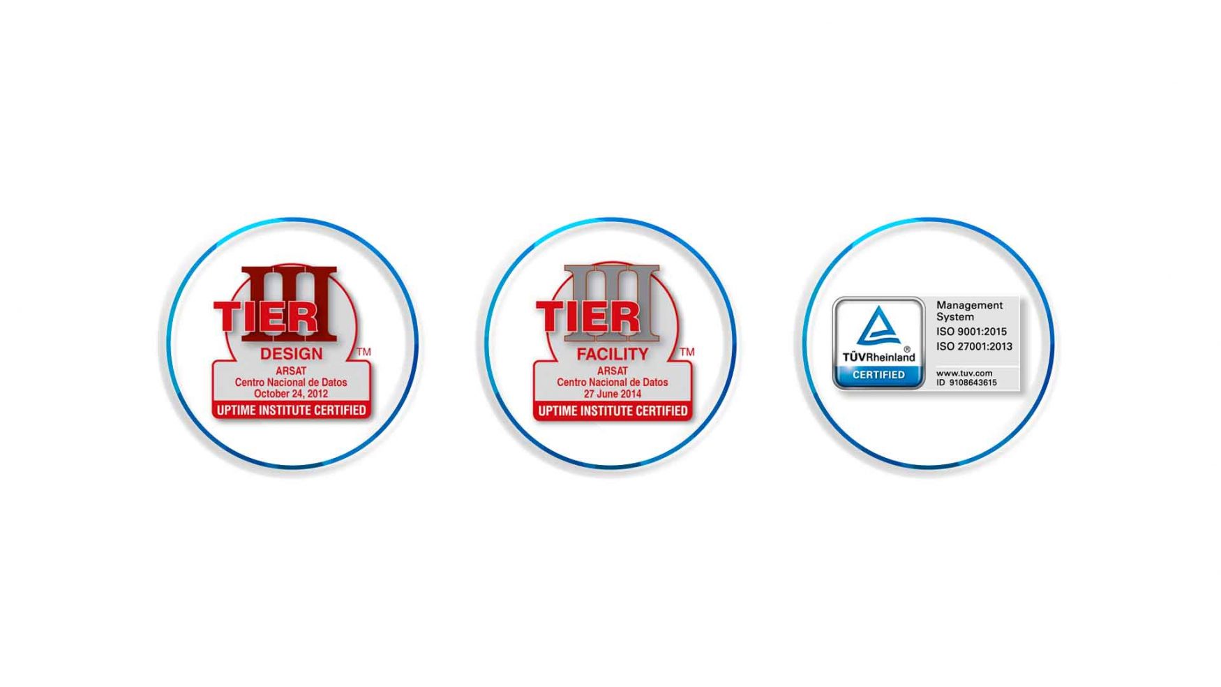 Tres logos que muestran las certificaciones TIER tres de Diseño, TIER tres de Construcción, ISO 9001, ISO 27001.