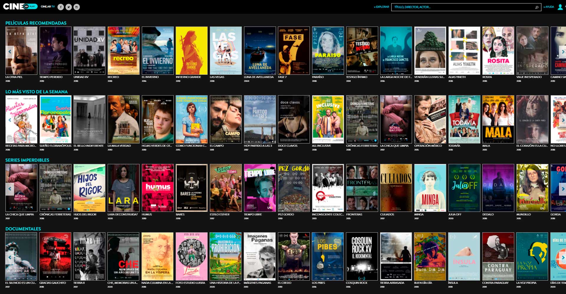 Pantalla principal de Cinear Play con opciones de series, películas, documentales y recomendaciones nacionales.